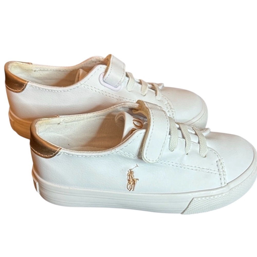 NWOT Polo Ralph Lauren Toddler White & Gold Easten Sneakers - Size 9C Old Money